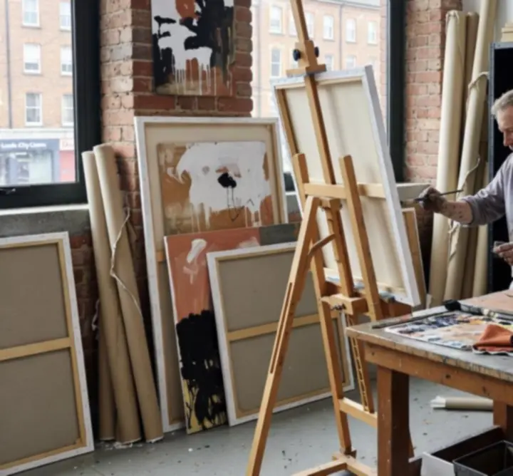 Artist studio workspace showing works-in-progress and creative tools.