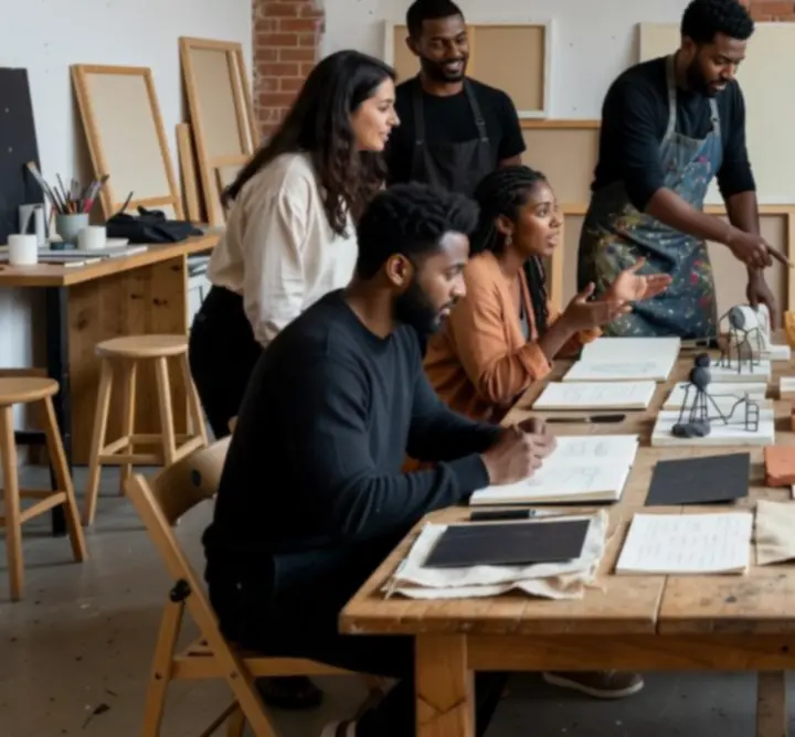 Artists and designers gathered around a table, sketching and planning a collaborative artwork.