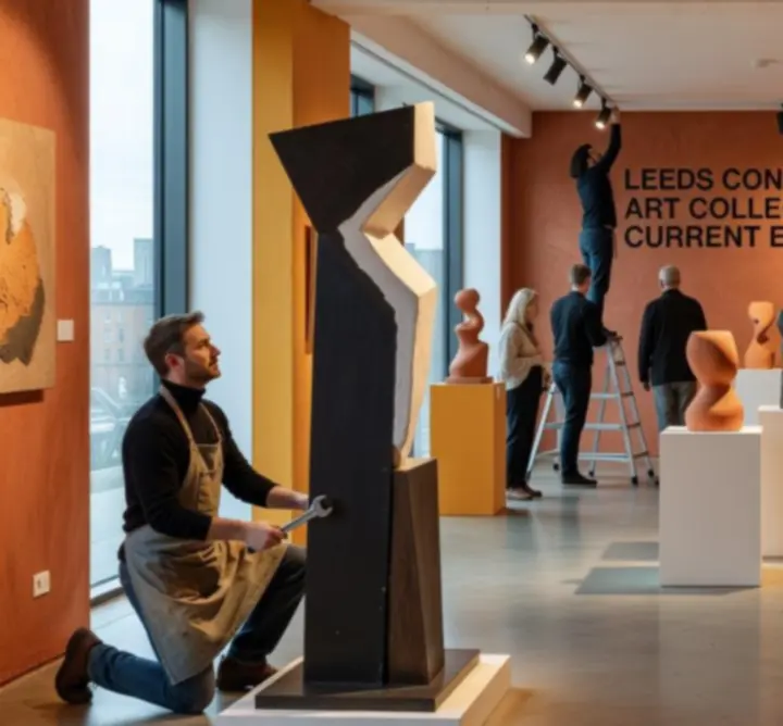 Curators adjusting artworks in a contemporary exhibition space in Leeds.