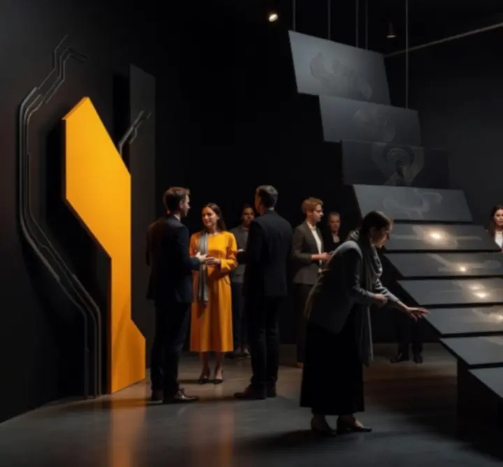 Immersive exhibition installation during an opening event with visitors.