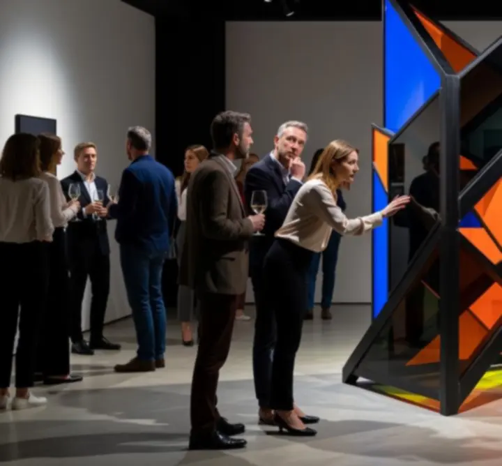 Visitors exploring a contemporary installation during an exhibition opening.
