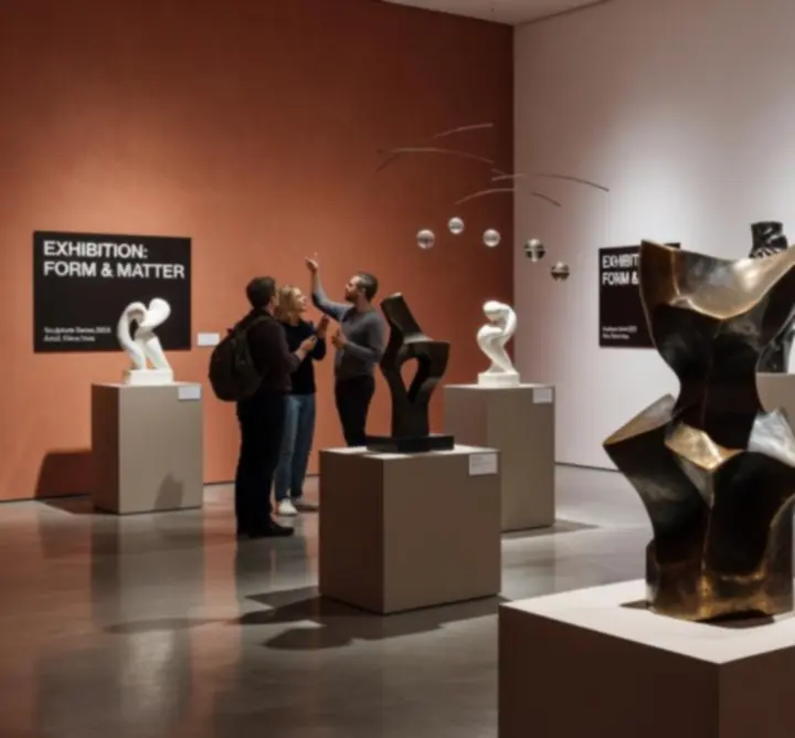 Gallery visitors engaging with a sculptural installation on display.