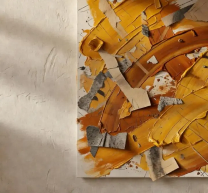 Textural mixed-media artwork featuring layered pigments and sculptural depth