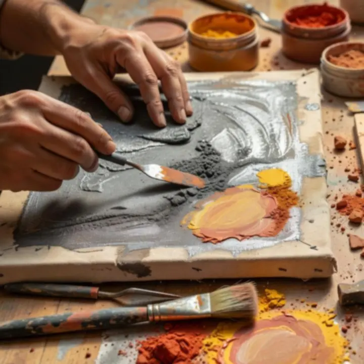Close-up of layered textures and experimental materials used in a collaborative artwork.