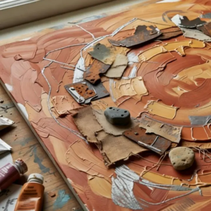 Close-up detail of a layered mixed-media artwork with rich textures and materials.