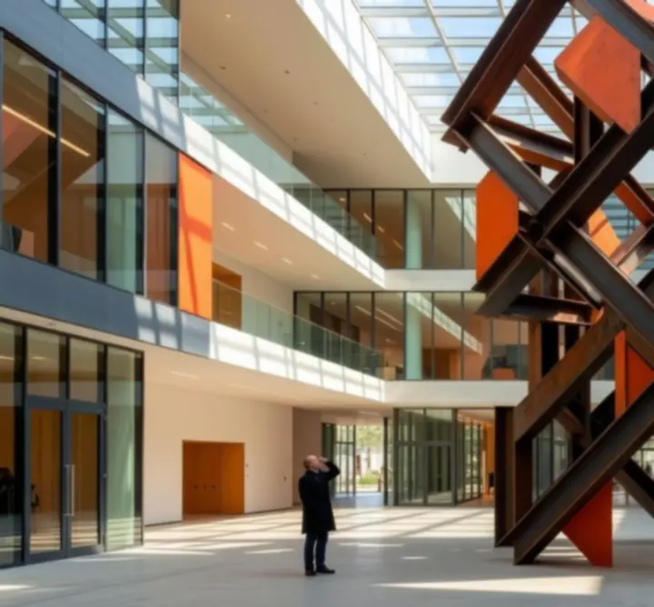 Freestanding sculpture installed within an open public courtyard.