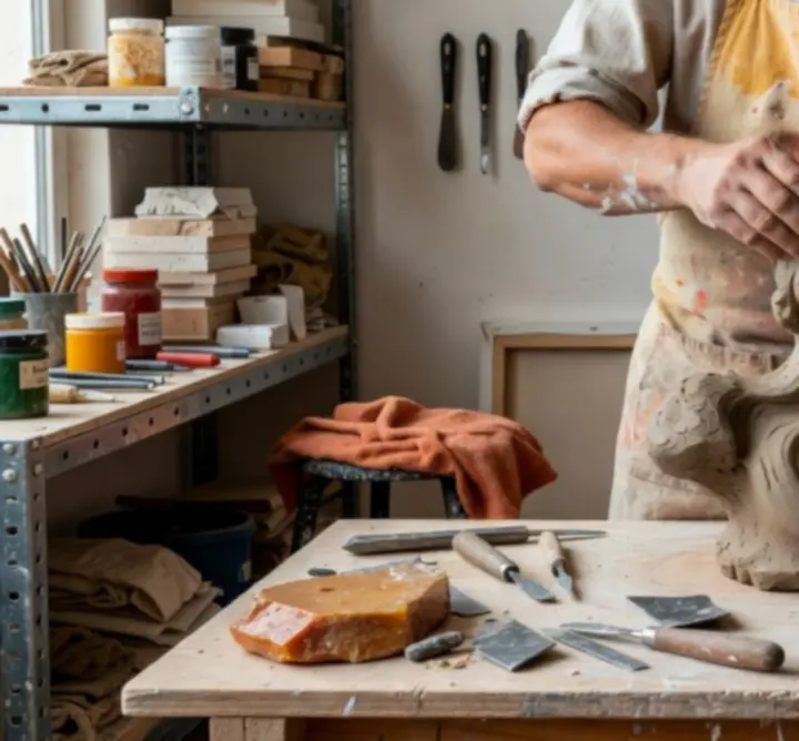 Studio workspace showing hands-on sculpture fabrication in progress.