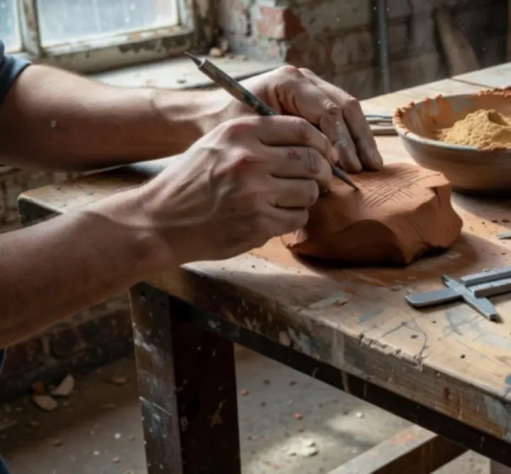 Close-up of mixed materials in the LOOP & FORM LTD studio, including metal, wood, resin, and textiles.