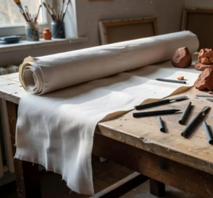 Studio worktable with materials, sketches, and tools in use.